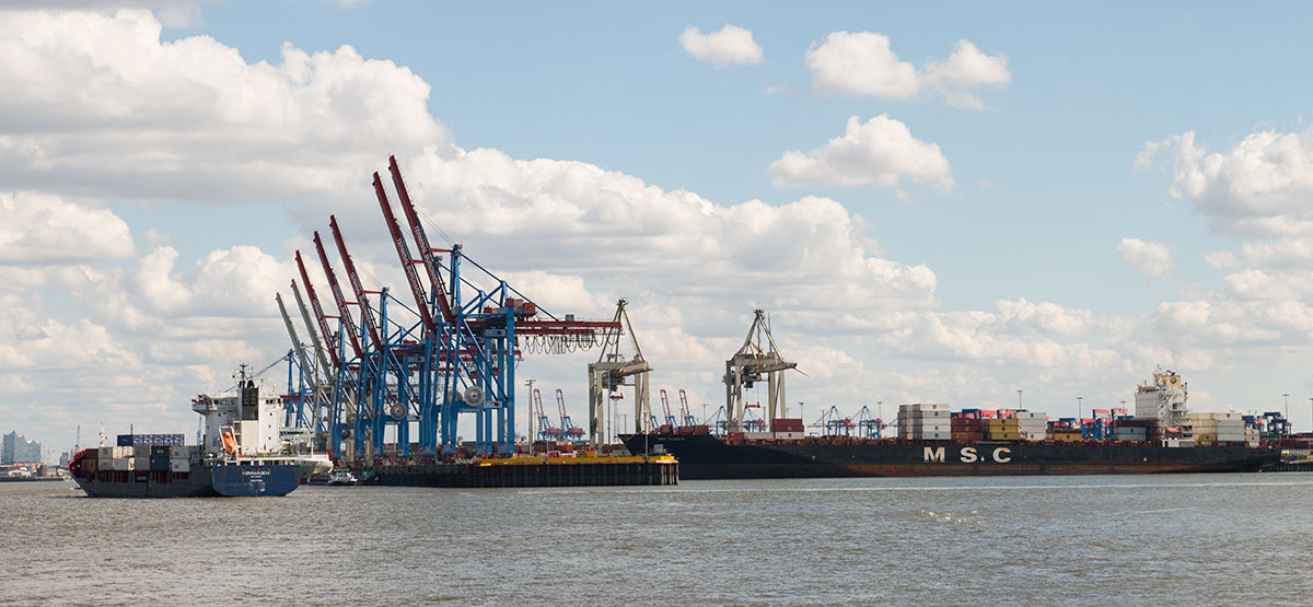 Containerhafen Hamburg Tollerort mit Containerschiff und Containerkränen